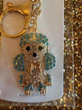 Mint NWT Gold-Tone Poodle Keychain with Aqua and Clear Rhinestones. Adorable!